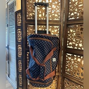 Navy Blue w/ White Polka Dots Zipper Closure Rolling Duffle Bag w/ Handles too.